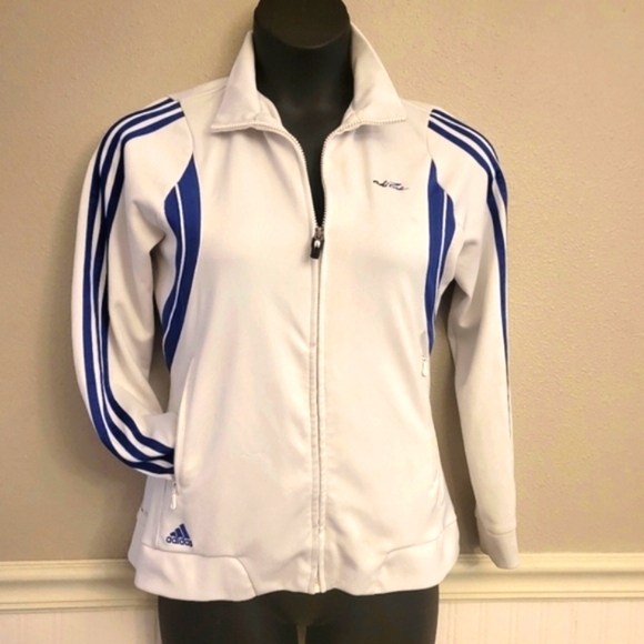 White Adidas Track Jacket Vintage Zip Sweatshirt Royal Blue Stripes Clima365 L - Picture 1 of 6